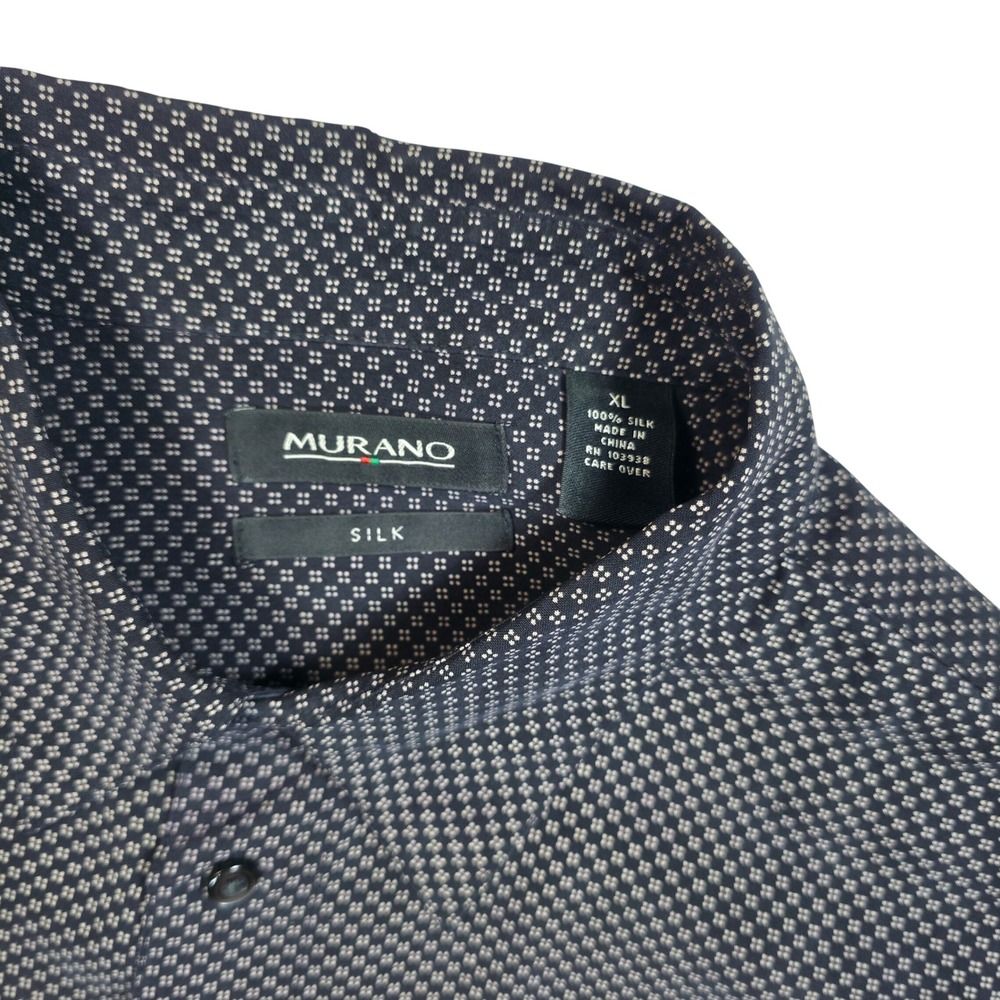 Murano Mens XL 100% Silk Navy Blue Micro Geometric Button Down Long Sleeve Shirt